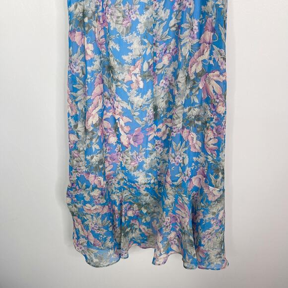 Socialite M Blue Purple Floral Ruffled Midi Dress Sleeveless Split Front Scoop - Picture 9 of 12